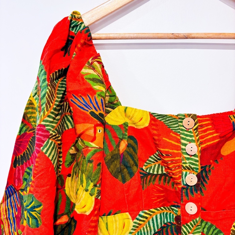 FARM RIO‎ Orange pelican linen romper with tropical print | Small * - Picture 3 of 9